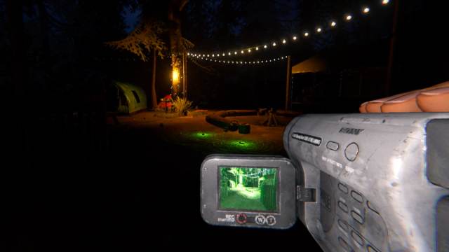 A player recording outside on the Camp Woodwind map in Phasmophobia.