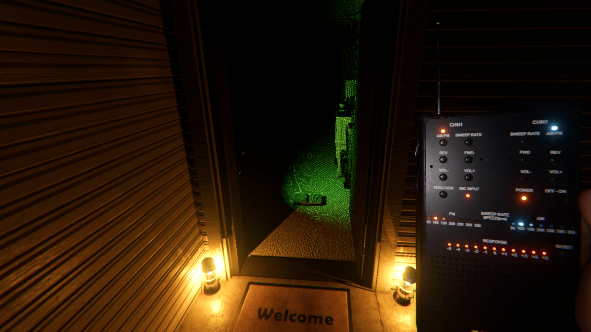 A player holding a Spirit Box while standing outside of the front door of a house.