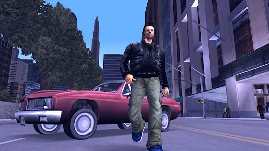 A screenshot of GTA3 protagonist Claude walking in Liberty City.