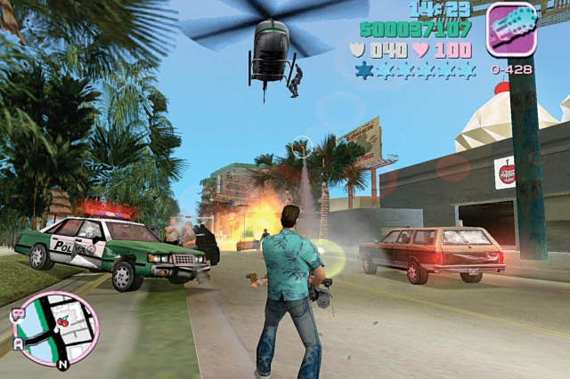 A screenshot of GTA Vice City protagonist Tommy Vercetti mowing down police with a minigun.
