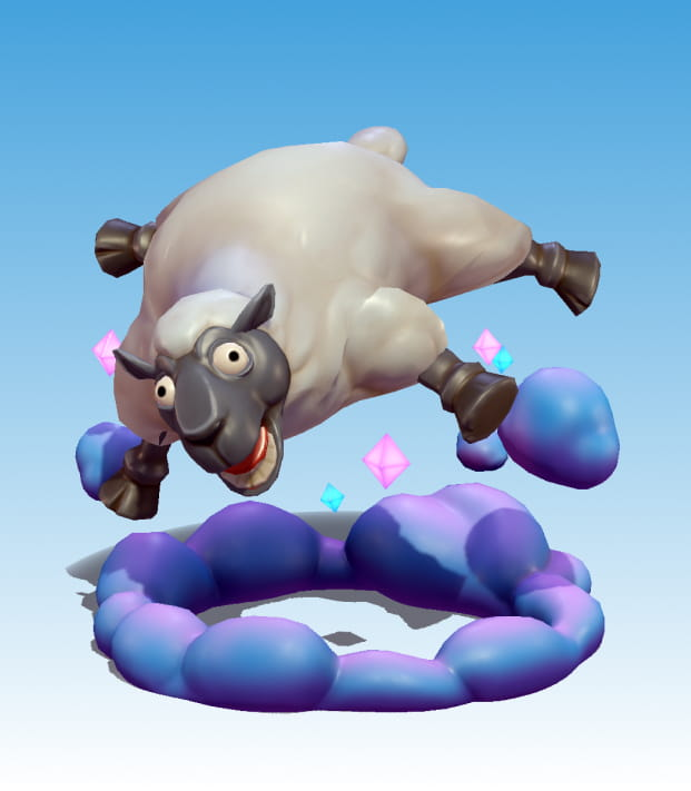 A sheep floating in the air with purple clouds under it.