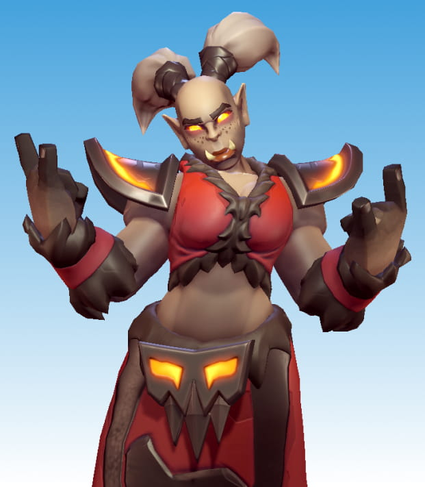 A woman with white pigtails, red armor, and orange eyes.