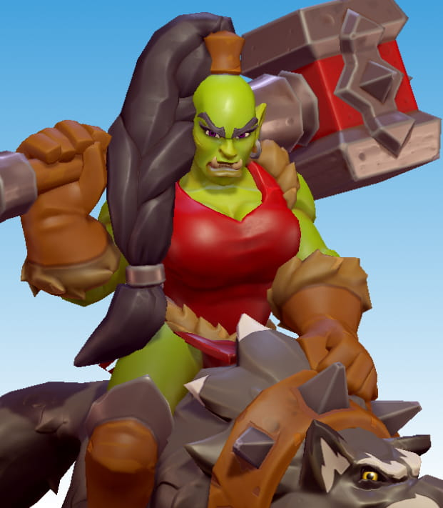 A big green female goblin with black hair, holding an axe, and riding a wolf.