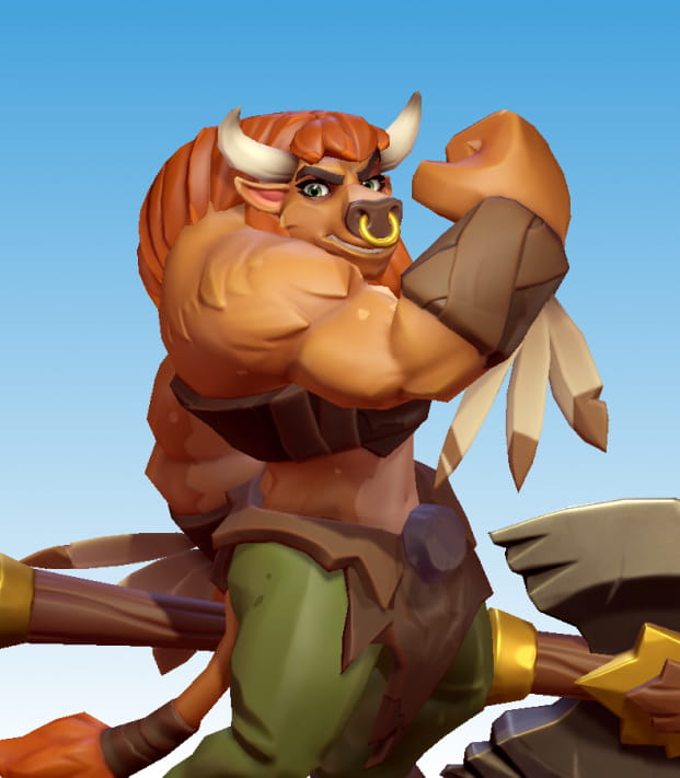 A female minotaur holding a giant axe.