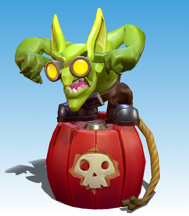 A goblin with green skin wearing a pair of yellow glasses on top of a bomb.