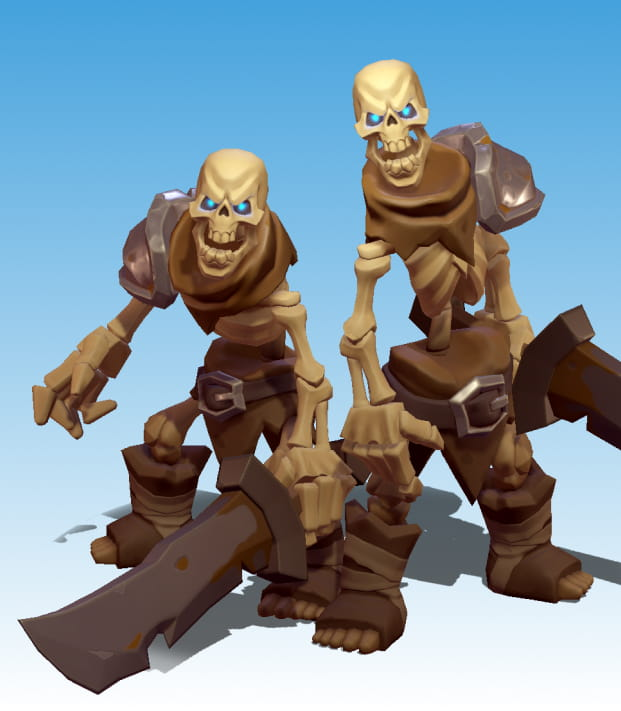 Two skeletons weating armor and holding swords.