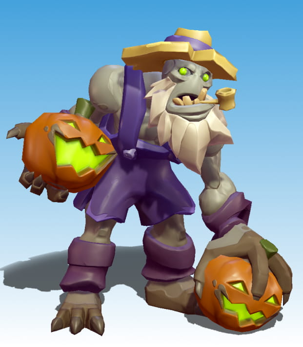 A undead farmer holding a hanuted pumpking in each hand.