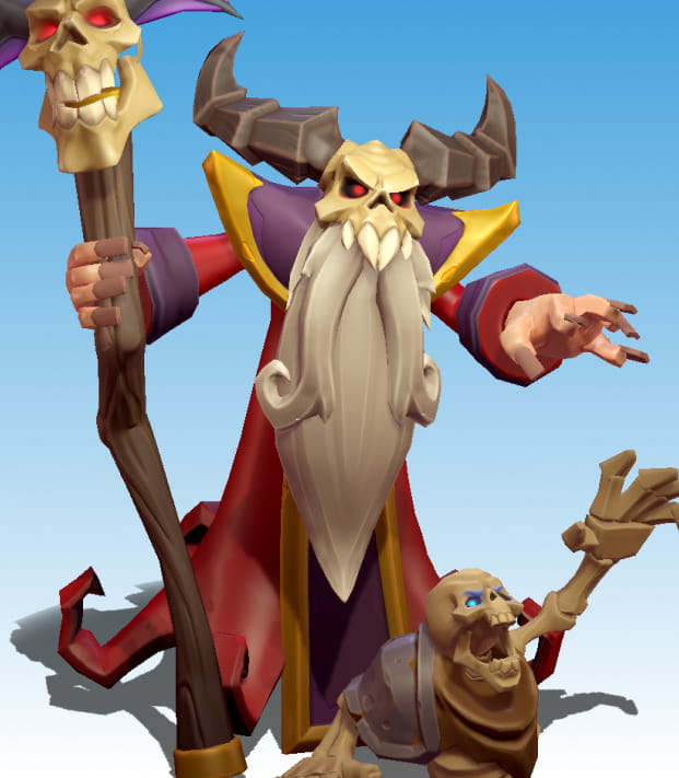 A necromancer with a long grey beard, wearing a skulls mask, and holding a skull staff.