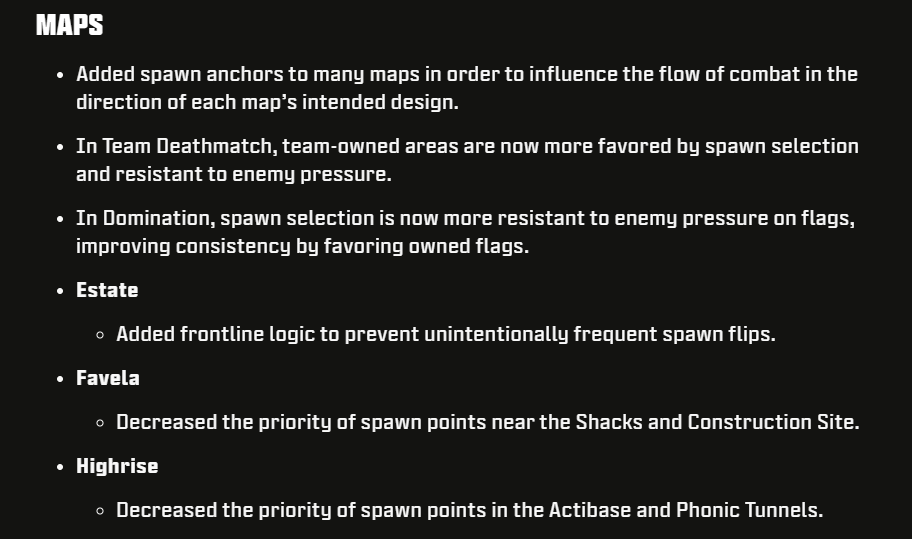 A screenshot of MW3's launch day patch notes talking about spawn points.