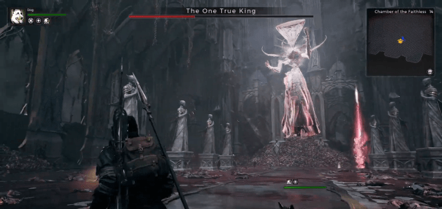 The One True King is immune and hovering in Remnant 2 while the player character stares.