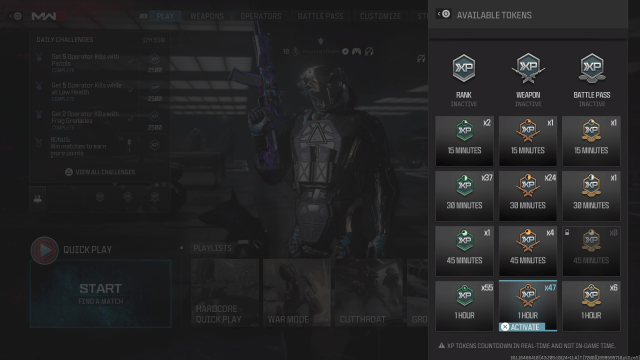 A screenshot of MW3 Double XP tokens in the in-game menu.