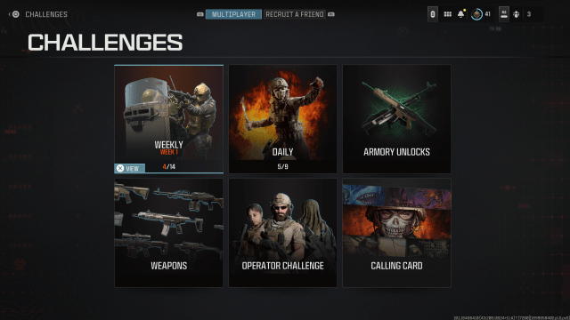 The challenges screen in MW3