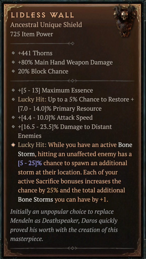 The Lidless Wall Shield's in-game stats