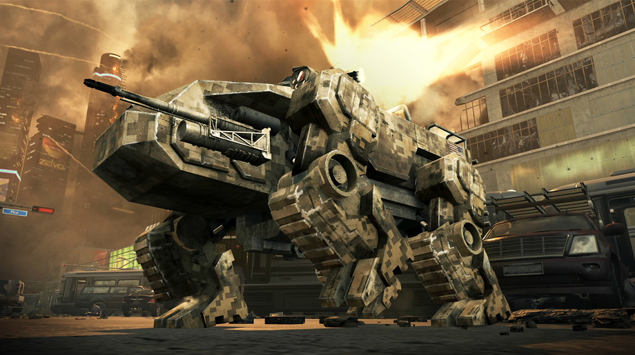 An armored tank fires a cannon shot in a city in Black Ops 2.