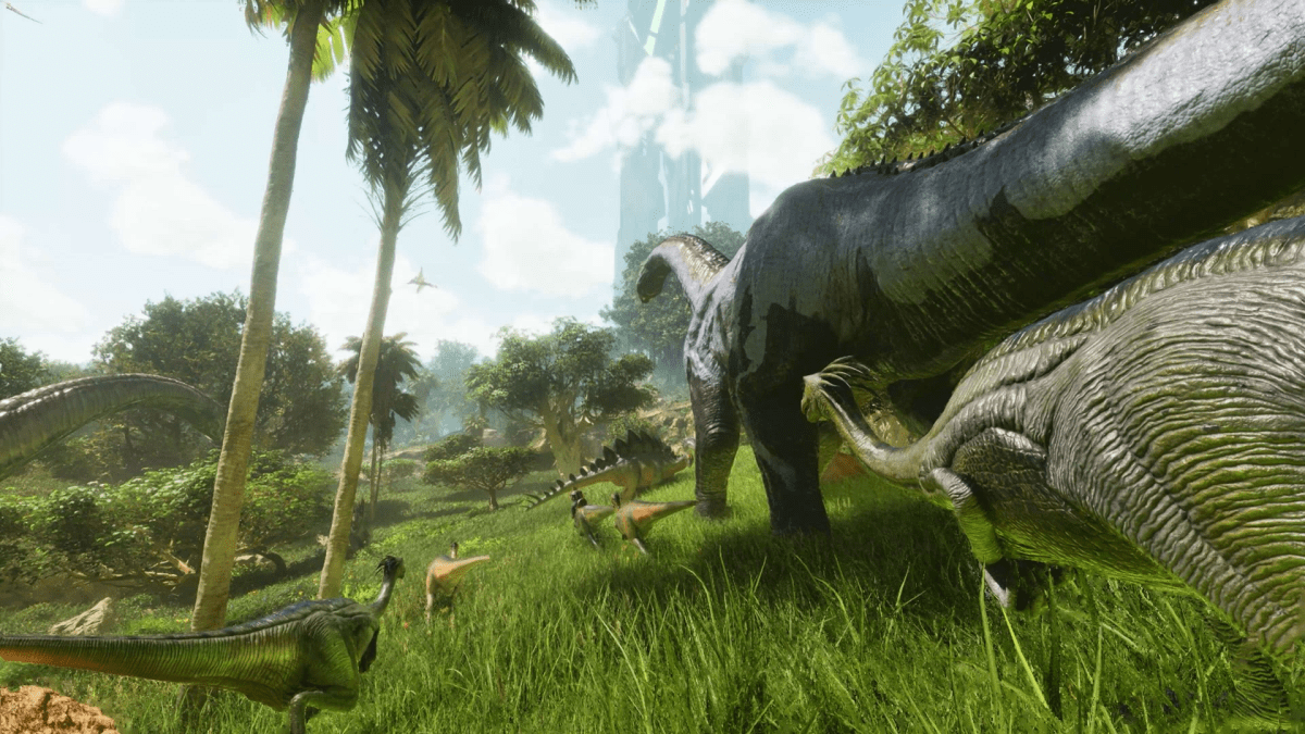 A group of dinosarus walking in a jungle.