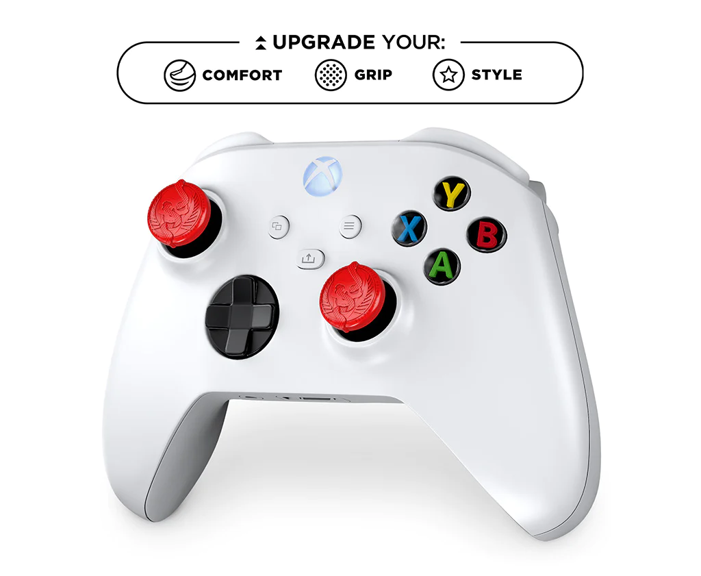 An image of an Xbox controller with red MW3 KontrolFreek stick covers.