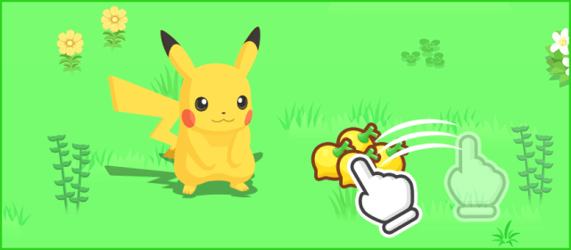 A Pikachu next to a cursor dragging a group of berries in Pokémon Sleep.