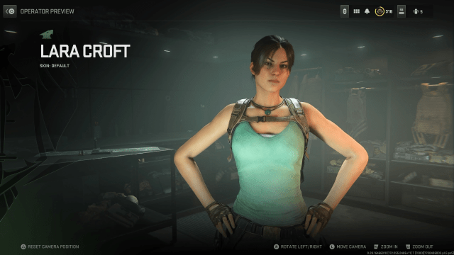 A screenshot of the Lara Croft operator skin in Call of Duty.