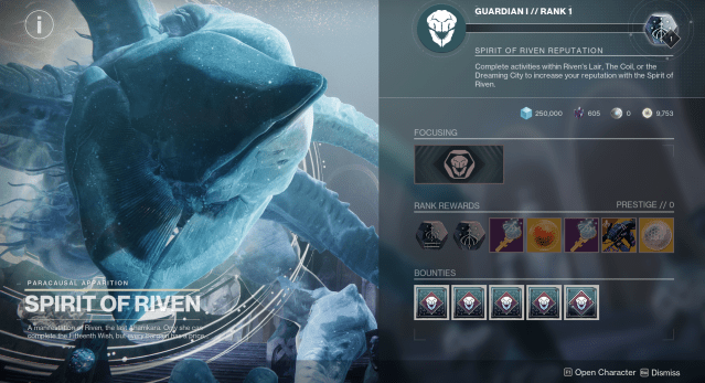 A screenshot of the Spirit of Riven, a vendor in Destiny 2's Season of the Wish.