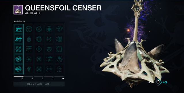 A screenshot of the Queensfoil Censer, the Artifact for Season of the Wish in Destiny 2.