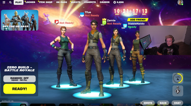 Fortnite's main screen shown with Tfue's camera on the corner.