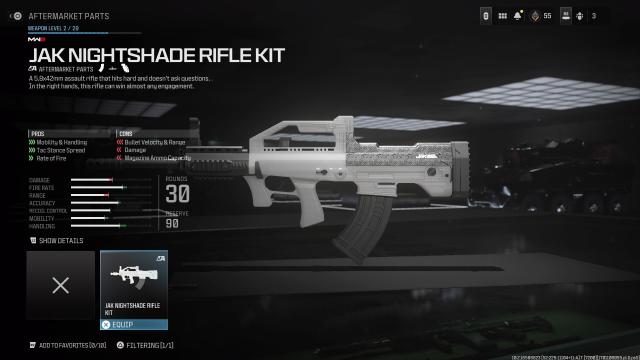 A screenshot of the JAK Nightshade Rifle Kit for the DG-58 LSW in MW3.