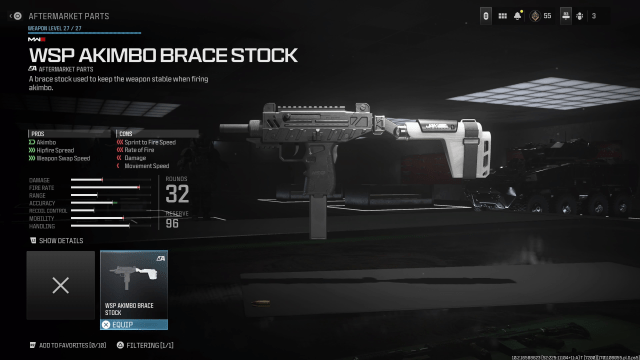 A screenshot of the WSP Akimbo Brace Stock Kit for the WSP Swarm in MW3.