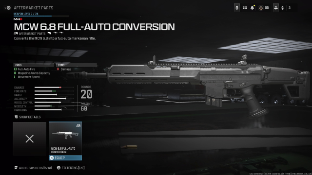 A screenshot of the Full-Auto Conversion Kit for the MCW 6.8 in MW3.