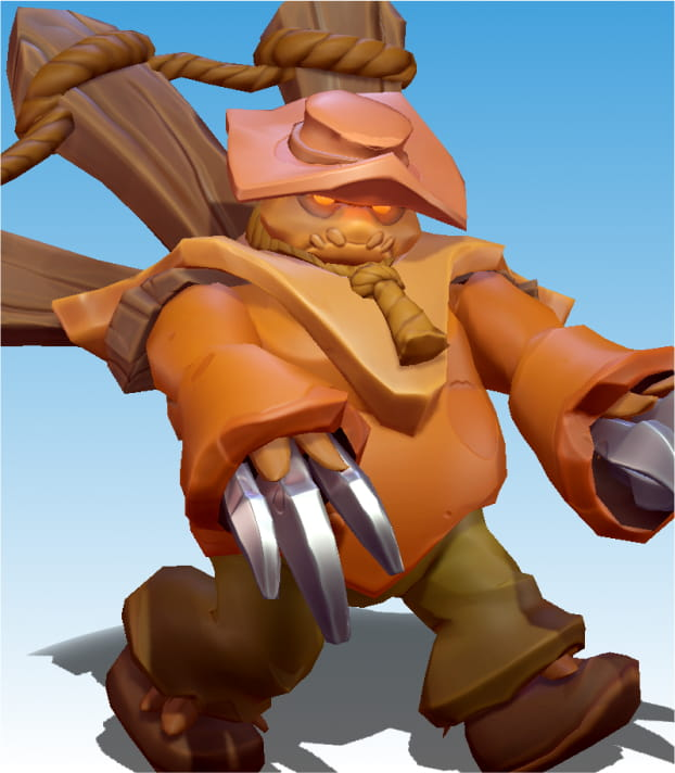 A orange golem that resembles a scarecrow, whith three woden stakes that look like a fence on his banck, and metal fingers.