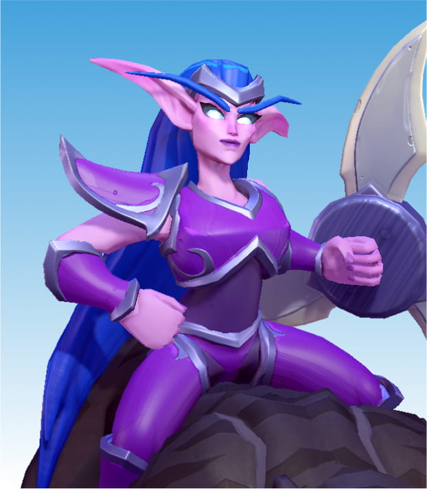 A pink elf with blue hair and purple armor. Her eyes are pale blue and she has long and thinh eyebrows that follow the lenght of hear long elf ears.