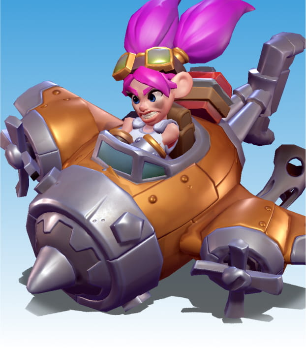 S.A.F.E. Pilot with pink ponytails piloting a orange airplane.