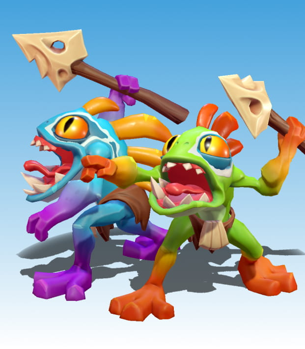 Two frog-like creatures holding wooden spears. One frog is blue and purple, while the other is green with orange.