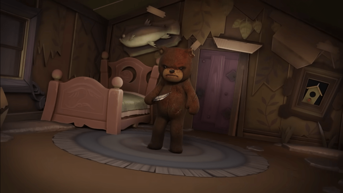 Naughty Bear holding a machete in a kid's bedroom.