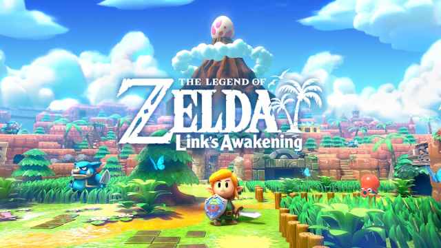 Link standing under the game's logo with a rich and colorful background behind him