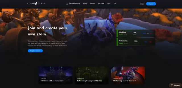 WoW Stormforge private server homepage with info