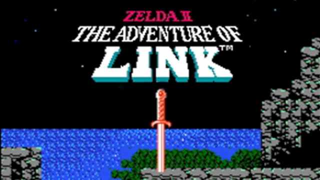 The title screen of Zelda 2 with a sword in the middle
