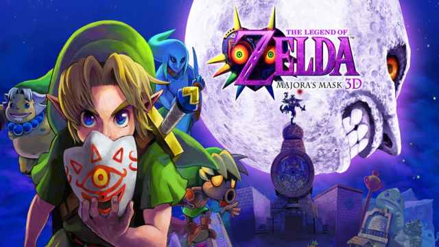 Link holding a mask with the moon in the background behind the game's logo