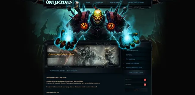 Unlimited WoW private server homepage with ads and info