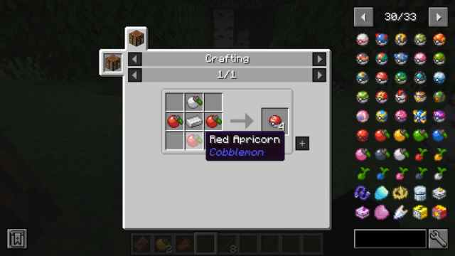 Minecraft building menu with JEI mod installed showing how to build a pokeball