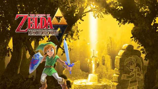 Link standing under the games logo with the Master Sword in the background