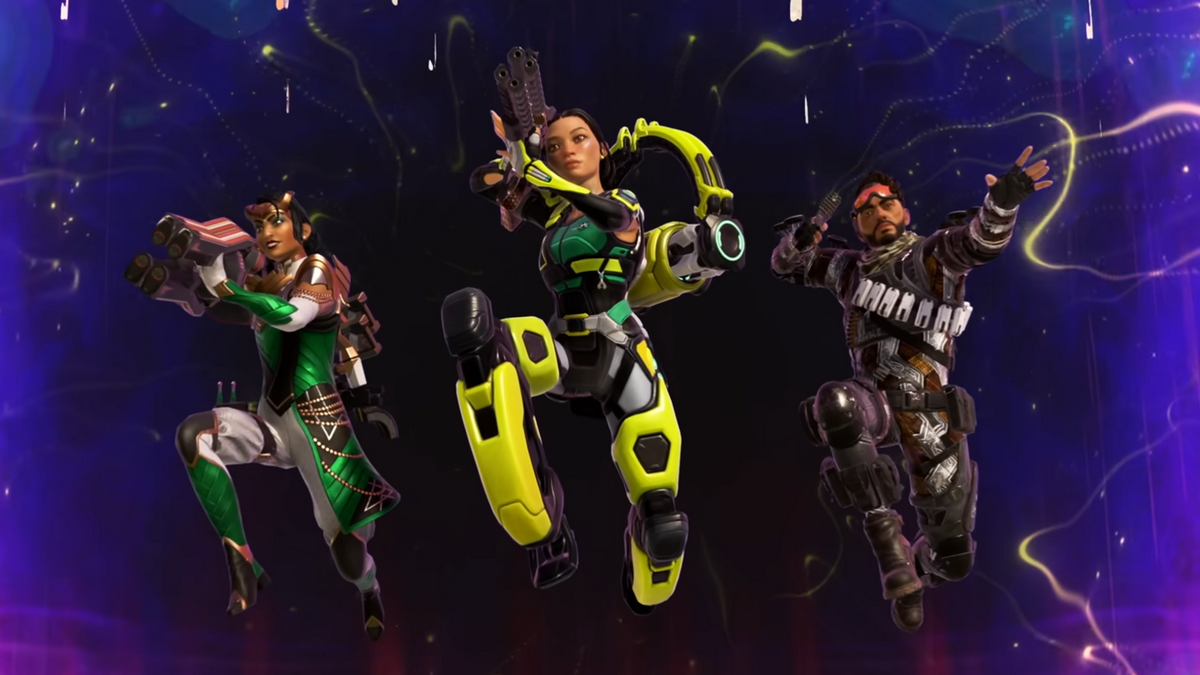 Apex Legends characters jump from a purple portal