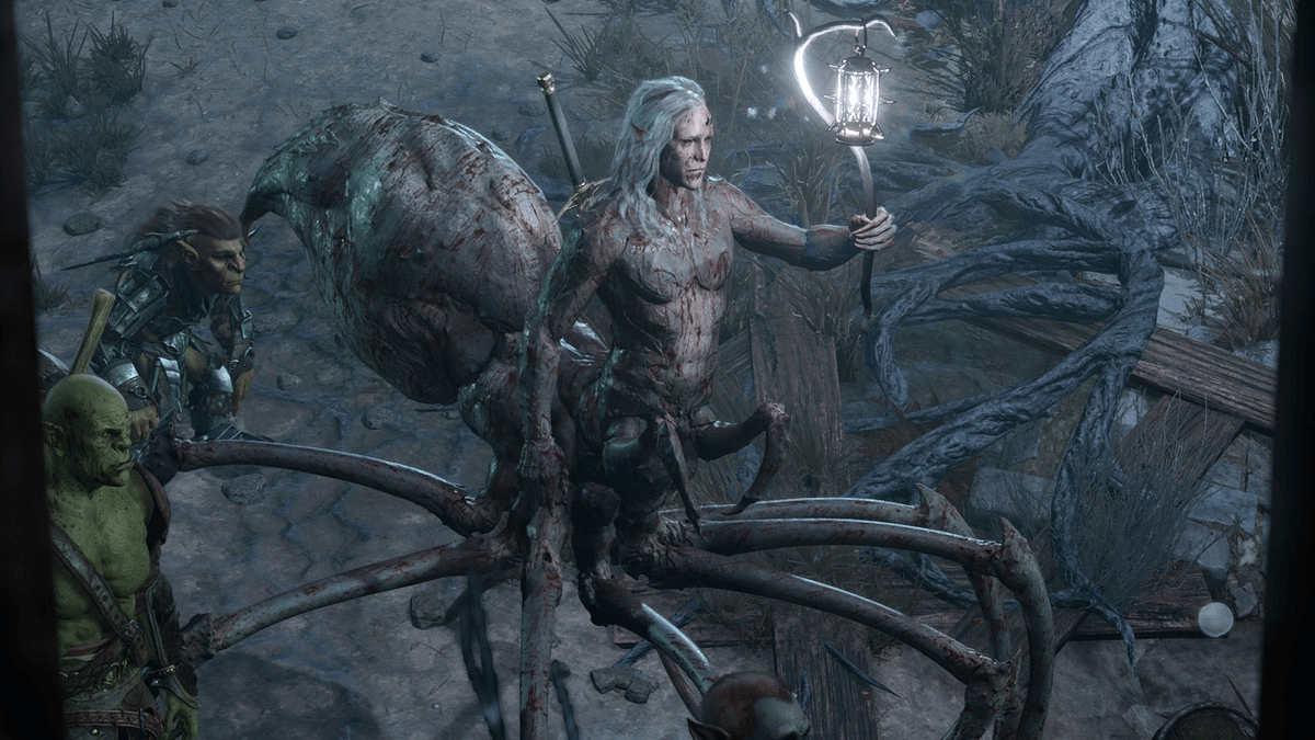 A spider-man hybrid walks in the dark holding a lantern.