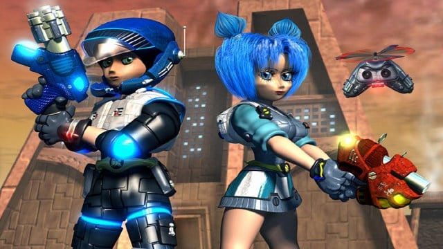 Jet Force Gemini main characters standing next to each other holding weapons