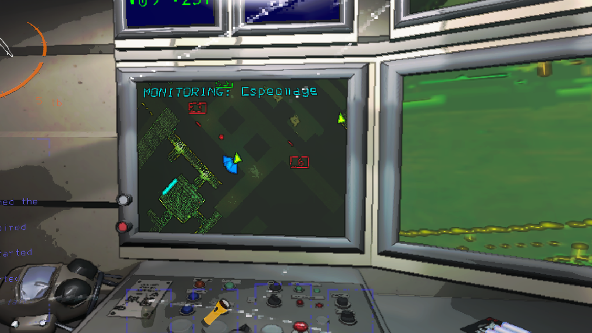 A monitor in Lethal Company, showing a player named Espeonage in a facility with an enemy near them. There are multiple closed doors nearby and they're already holding loot.