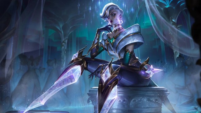 League of Legends character Prestige Winterblessed Camille rests on an icy throne