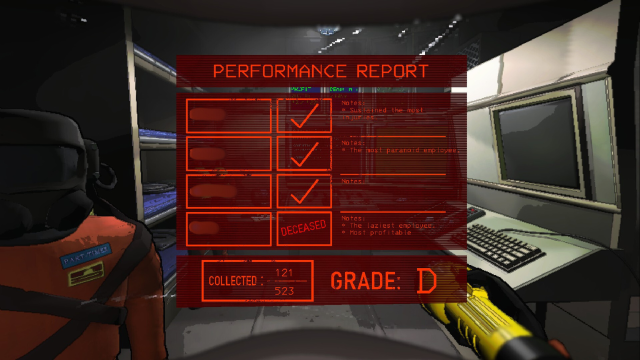 A Lethal Company screenshot showing all employee notes in a single performance report.