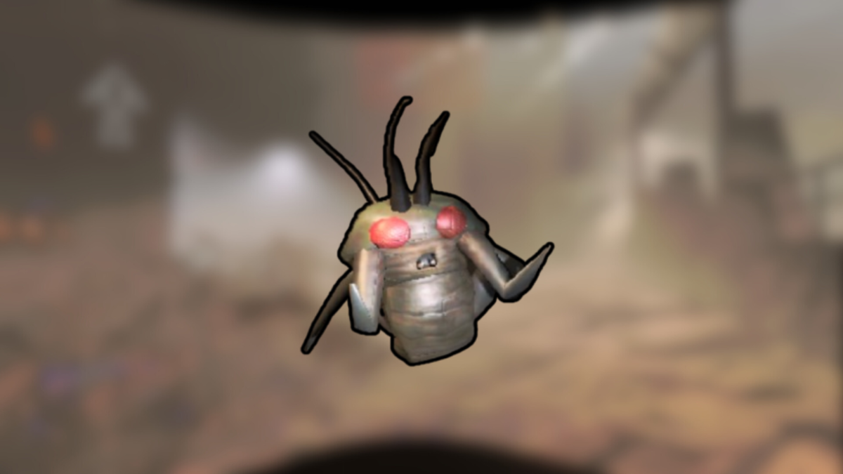 Lethal Company's Hoarding Bug shrugging on a blurry background.