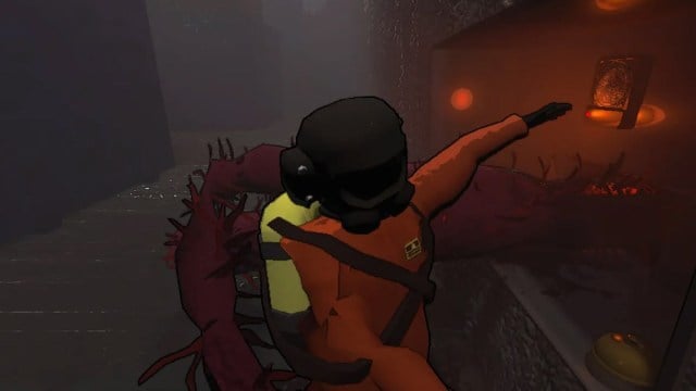 An employee of The Company in Lethal Company is being grabbed by a tentacle and pulled into the wall.