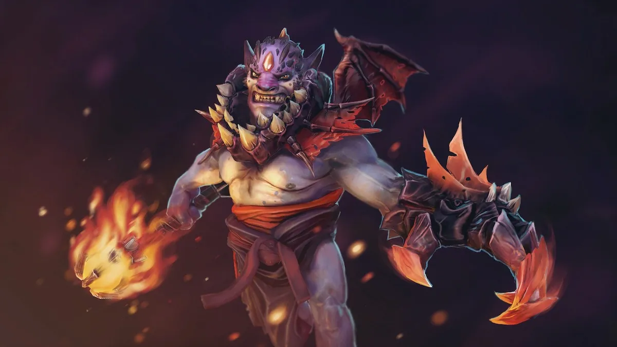 Lion from Dota 2, a demonic creature with a giant claw and a wand shooting fire.
