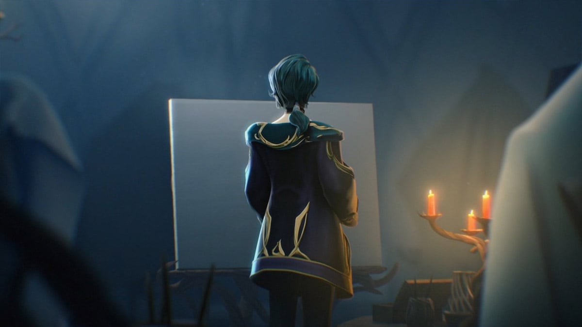 Hwei, a champion from League of Legends, stands in front of an easel.